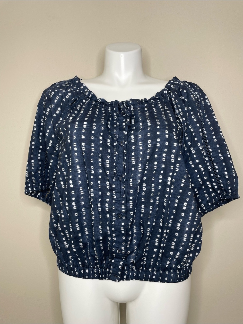 Lane Bryant Navy Blue and White Cotton Puff Sleeve Peasant Blouse - Picture 11 of 11
